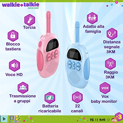 Arikaree-Radioline-Walkie-Talkie-Bambini-Ricaricabili-Professionali-3-Km-di-Portata-Giochi-Bambini-3-12-Anni-Walkie-Talkie-Batteria-Lunga-Durata-con-Caricatore-USB-e-Funzione-Torcia-0-0