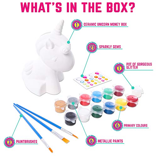 GirlZone-Regalo-Ragazza-Salvadanaio-Unicorno-Fai-da-Te-Accessorio-per-Ragazze-in-Ceramica-da-Personalizzare-Pennelli-Pittura-Gemme-Adesive-Regali-Bimba-0-3