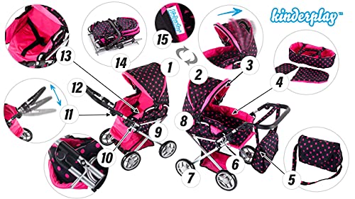 Kinderplay-Carrozzina-per-Bambole-Passeggino-per-Bambole-Altezza-Della-Maniglia-Regolabile-max62-cm-Passeggino-Giocattolo-3in1-con-Borsa-KP0200G-0-4