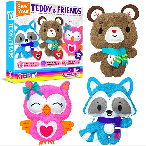 KraFun-Kit-da-cucito-per-bambini-e-principianti-include-3-bambole-di-peluche-istruzioni-e-materiali-in-feltro-per-imparare-a-cucire-abilita-di-ricamo-Teddy-Friends-0