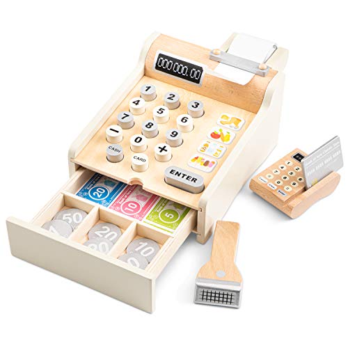 New-Classic-Toys-Eitech-GmbH-10651-Registratore-di-Cassa-con-Soldi-Scanner-e-Carte-bancarie-Accessori-per-Carica-in-Legno-Colore-Set-Bianco-0-0