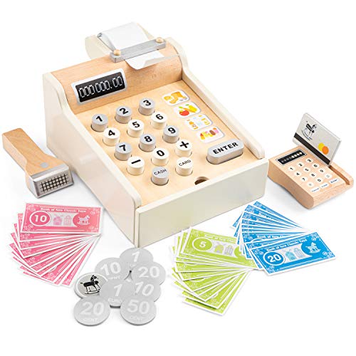 New-Classic-Toys-Eitech-GmbH-10651-Registratore-di-Cassa-con-Soldi-Scanner-e-Carte-bancarie-Accessori-per-Carica-in-Legno-Colore-Set-Bianco-0
