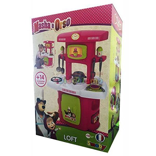 Smoby-Masha-e-Orso-Prima-Cucina-7600001733-18-Mesi-con-Piano-Cottura-Lavello-Frigorifero-Mensole-e-14-Accessori-Inclusi-0-1