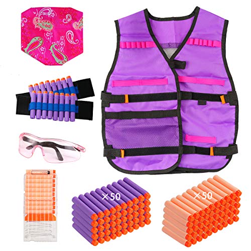 Locisne-Gilet-tattico-per-Bambina-Kit-Gilet-tattico-con-100-proiettili-di-Ricarica-2-Polsini-1-Maschera-per-Sciarpe-1-Occhiali-protettivi-1-Clip-di-Ricarica-Dart-per-N-Strike-Elite-Series-0